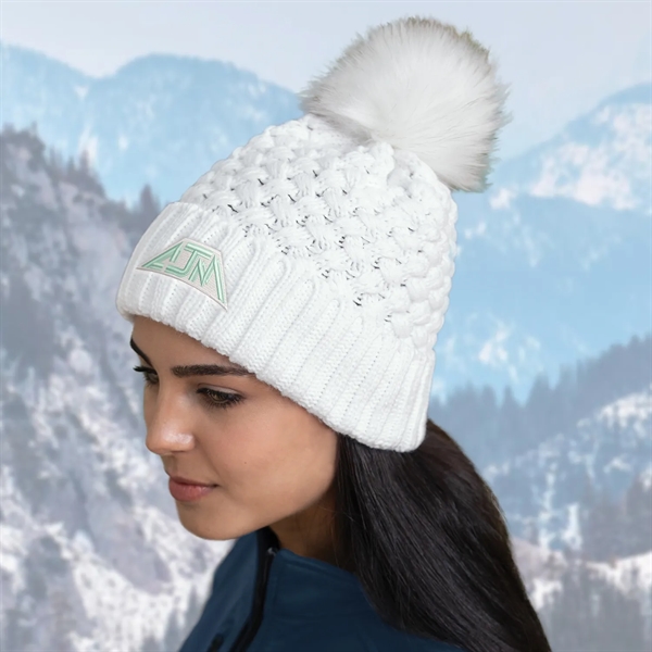 Cuff Toque w Faux Fur PomPom 12cm in Jacquard Bubble Knit - Cuff Toque w Faux Fur PomPom 12cm in Jacquard Bubble Knit - Image 8 of 8