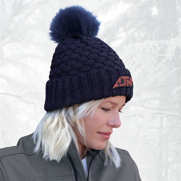 Cuff Toque w Faux Fur PomPom 12cm in Jacquard Bubble Knit - Cuff Toque w Faux Fur PomPom 12cm in Jacquard Bubble Knit - Image 7 of 8