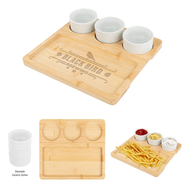 Custom Bamboo Serving Tray With Ceramic Bowls