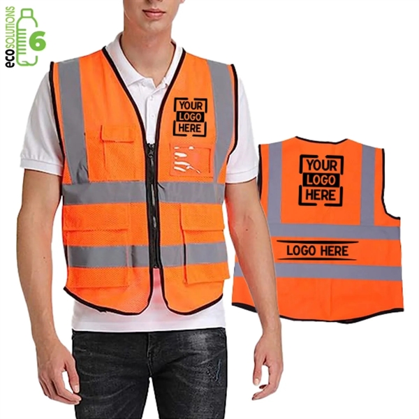 Hi Vis Class 2 Recycled Reflective Safety Vest W/ 5 Pockets - Hi Vis Class 2 Recycled Reflective Safety Vest W/ 5 Pockets - Image 0 of 7