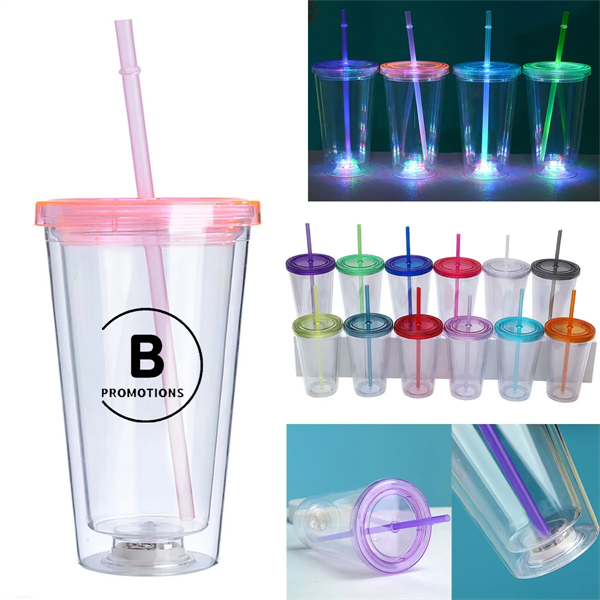 16oz LED Flashing Insulated Tumbler with Straw and Lid - 16oz LED Flashing Insulated Tumbler with Straw and Lid - Image 0 of 3