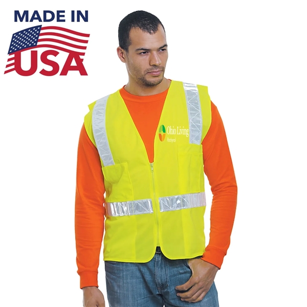 Class 2 USA Made Polyester Safety Zipper Vest with Pockets - Class 2 USA Made Polyester Safety Zipper Vest with Pockets - Image 0 of 1