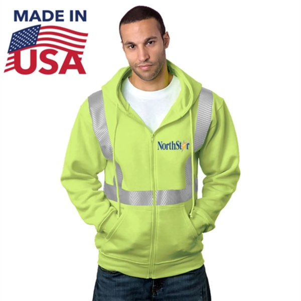 Class 2 USA-Made Pre-Shrunk Segmented Safety Full Zip Hoodie - Class 2 USA-Made Pre-Shrunk Segmented Safety Full Zip Hoodie - Image 0 of 2