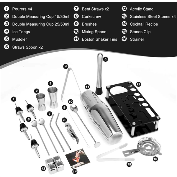 23 pcs Boston Bartender Kit Cocktail Shaker Set - 23 pcs Boston Bartender Kit Cocktail Shaker Set - Image 1 of 4