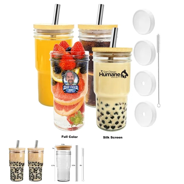 22/24oz Smoothie Cup Bubble Tea Glass with Straw Bamboo Lid - 22/24oz Smoothie Cup Bubble Tea Glass with Straw Bamboo Lid - Image 0 of 6