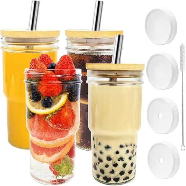 22/24oz Smoothie Cup Bubble Tea Glass with Straw Bamboo Lid - 22/24oz Smoothie Cup Bubble Tea Glass with Straw Bamboo Lid - Image 4 of 6
