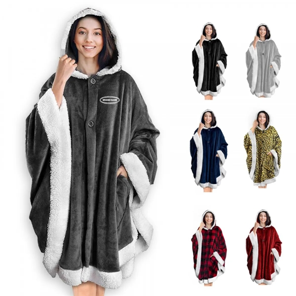 Poncho Hooded Cape Blanket Shawl Cozy Warm Sherpa Fleece - Poncho Hooded Cape Blanket Shawl Cozy Warm Sherpa Fleece - Image 0 of 9