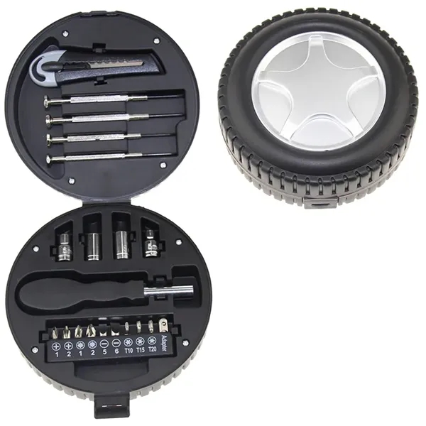 Home Repair Tool Kit Set With Car Wheel Shaped Carrying Case - Home Repair Tool Kit Set With Car Wheel Shaped Carrying Case - Image 0 of 4