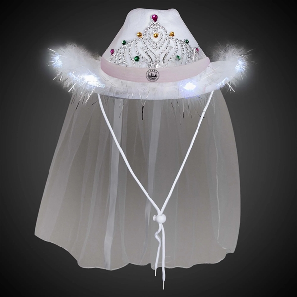 White Light Up Tiara Cowboy Hat with Veil - White Light Up Tiara Cowboy Hat with Veil - Image 2 of 6