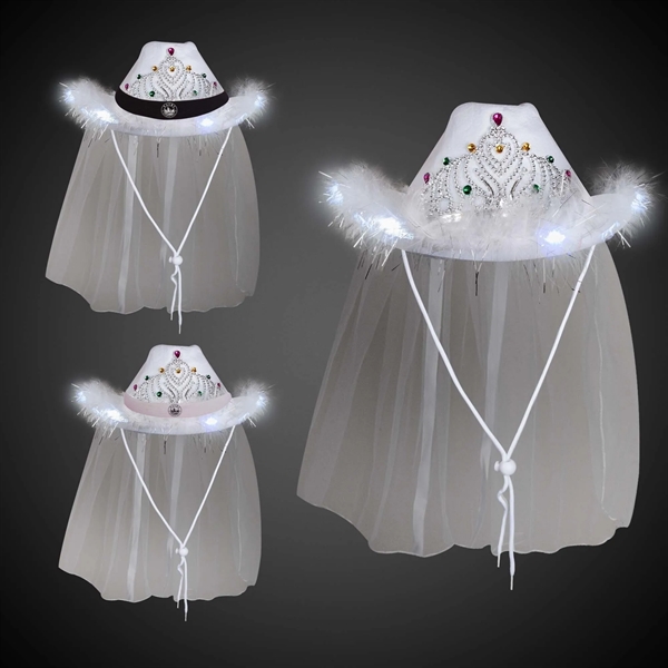 White Light Up Tiara Cowboy Hat with Veil - White Light Up Tiara Cowboy Hat with Veil - Image 3 of 6