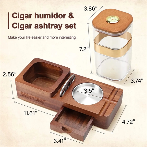 Wooden Cigar Case Humidor Ashtray Set With Cutter Office - Wooden Cigar Case Humidor Ashtray Set With Cutter Office - Image 1 of 5