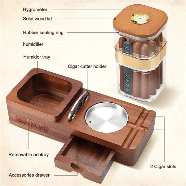 Wooden Cigar Case Humidor Ashtray Set With Cutter Office - Wooden Cigar Case Humidor Ashtray Set With Cutter Office - Image 2 of 5