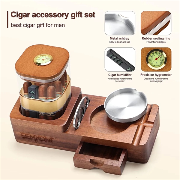 Wooden Cigar Case Humidor Ashtray Set With Cutter Office - Wooden Cigar Case Humidor Ashtray Set With Cutter Office - Image 3 of 5