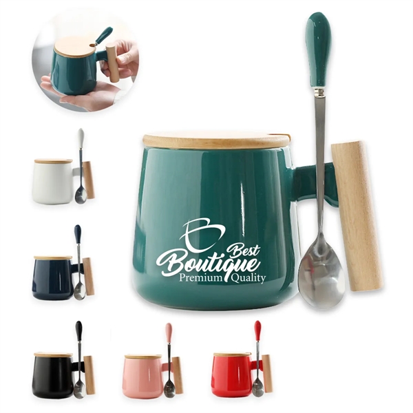 13 Oz. Ceramic Coffee/Tea Mug With Wooden Handle & Lid - 13 Oz. Ceramic Coffee/Tea Mug With Wooden Handle & Lid - Image 0 of 7