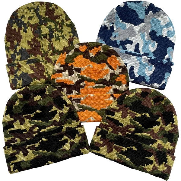 Unisex Camouflage Knitted Cuffed Beanie - Unisex Camouflage Knitted Cuffed Beanie - Image 6 of 12