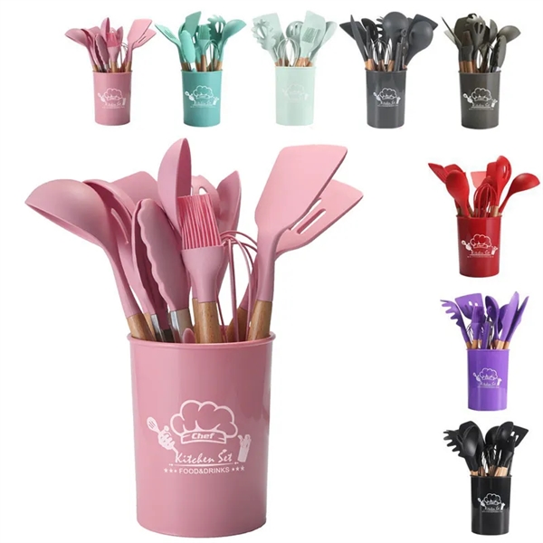 12 Pieces Silicone Cooking Utensils Set With Wooden Handle - 12 Pieces Silicone Cooking Utensils Set With Wooden Handle - Image 0 of 4