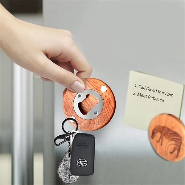 Fridge Magnet Sticker Wooden Round Bottle Opener - Fridge Magnet Sticker Wooden Round Bottle Opener - Image 3 of 4