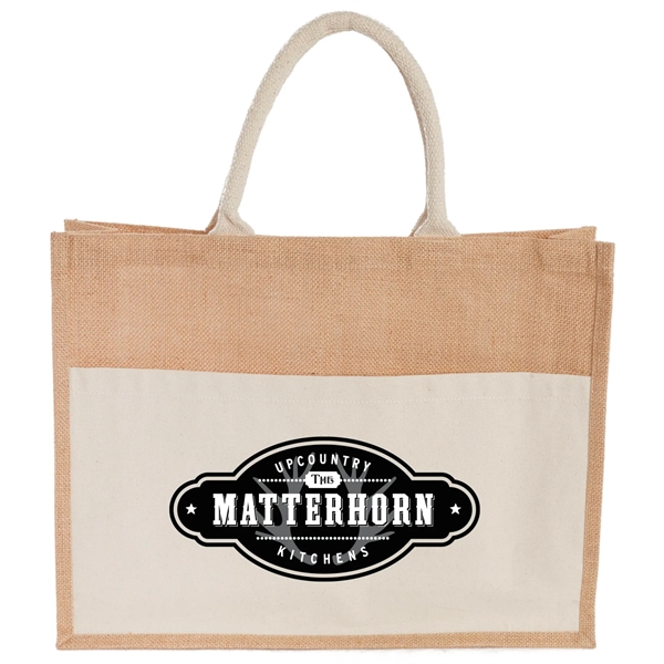 Jute Shopper Tote with Recycled Cotton Pocket - Jute Shopper Tote with Recycled Cotton Pocket - Image 1 of 1