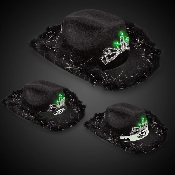 Black Light Up Cowboy Hat w/ Tiara and Feather - Black Light Up Cowboy Hat w/ Tiara and Feather - Image 0 of 3