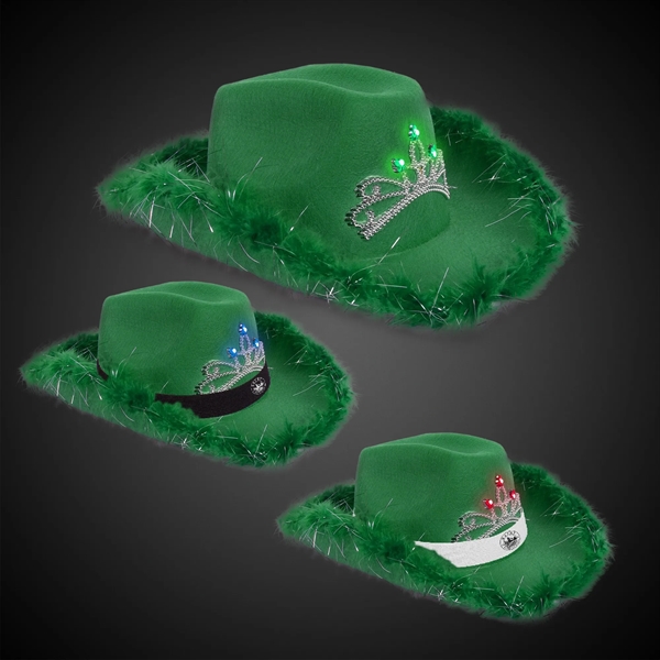Green Light Up Cowboy Hat w/ Tiara and Feather - Green Light Up Cowboy Hat w/ Tiara and Feather - Image 0 of 3