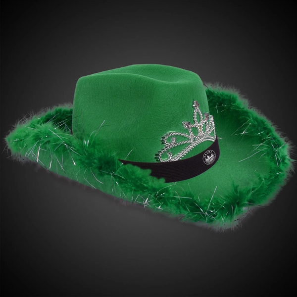 Green Light Up Cowboy Hat w/ Tiara and Feather - Green Light Up Cowboy Hat w/ Tiara and Feather - Image 1 of 3