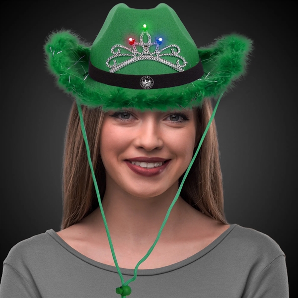 Green Light Up Cowboy Hat w/ Tiara and Feather - Green Light Up Cowboy Hat w/ Tiara and Feather - Image 2 of 3