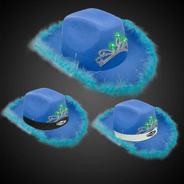 Blue Light Up Cowboy Hat w/ Tiara and Feather - Blue Light Up Cowboy Hat w/ Tiara and Feather - Image 0 of 3