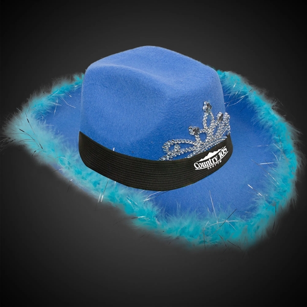 Blue Light Up Cowboy Hat w/ Tiara and Feather - Blue Light Up Cowboy Hat w/ Tiara and Feather - Image 1 of 3