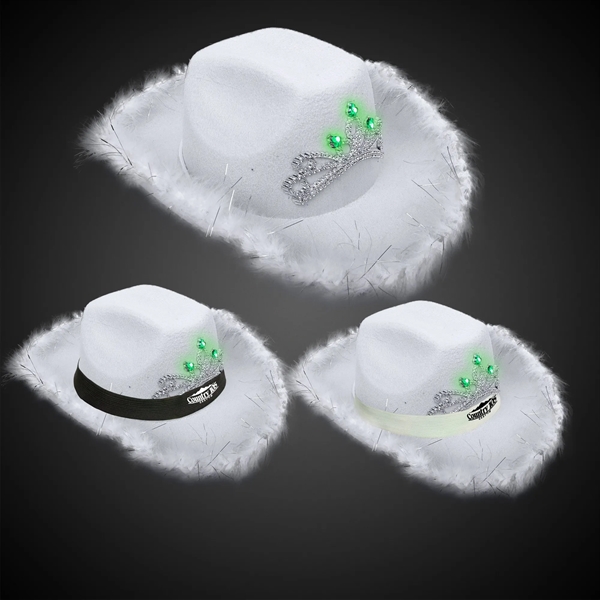 White Light Up Cowboy Hat w/ Tiara and Feather - White Light Up Cowboy Hat w/ Tiara and Feather - Image 0 of 3