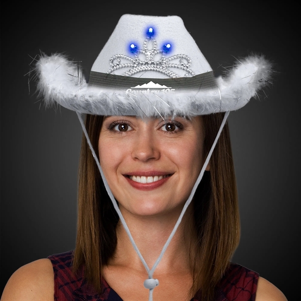 White Light Up Cowboy Hat w/ Tiara and Feather - White Light Up Cowboy Hat w/ Tiara and Feather - Image 1 of 3