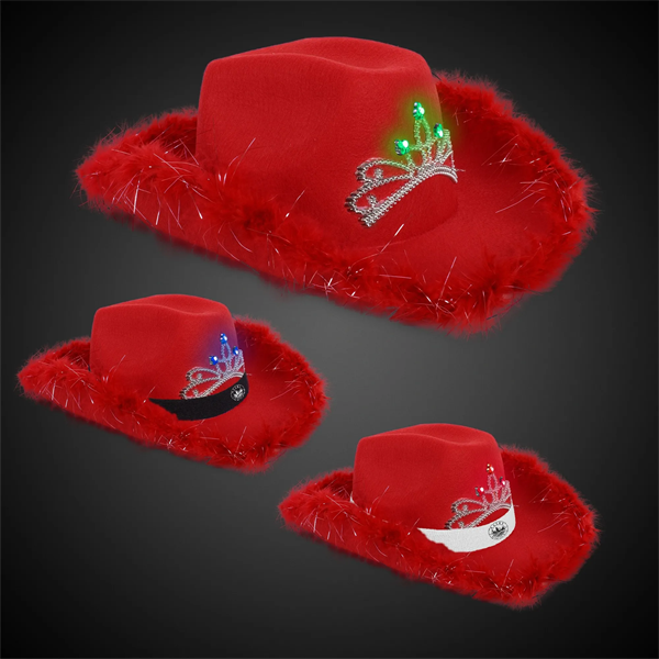 Red Light Up Cowboy Hat w/ Tiara and Feather - Red Light Up Cowboy Hat w/ Tiara and Feather - Image 0 of 3