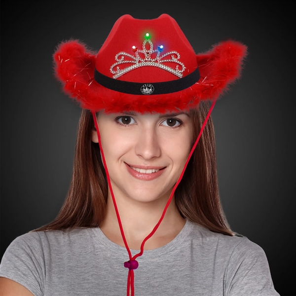 Red Light Up Cowboy Hat w/ Tiara and Feather - Red Light Up Cowboy Hat w/ Tiara and Feather - Image 1 of 3