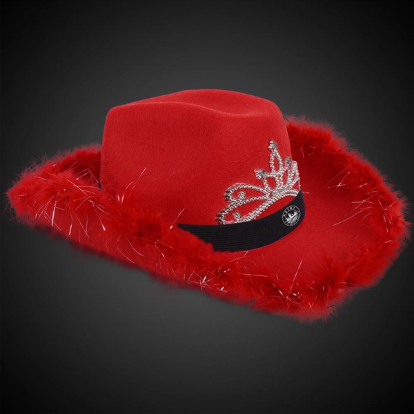 Red Light Up Cowboy Hat w/ Tiara and Feather - Red Light Up Cowboy Hat w/ Tiara and Feather - Image 2 of 3