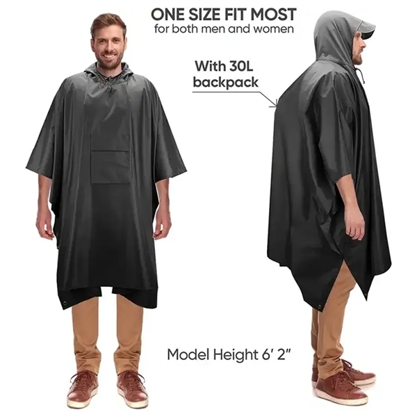 Unisex Hooded Rain Poncho Raincoat With Pockets - Unisex Hooded Rain Poncho Raincoat With Pockets - Image 3 of 5