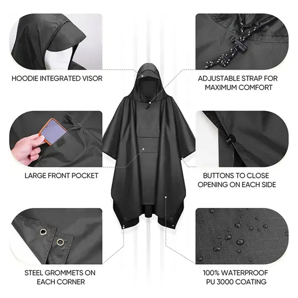 Unisex Hooded Rain Poncho Raincoat With Pockets - Unisex Hooded Rain Poncho Raincoat With Pockets - Image 5 of 5