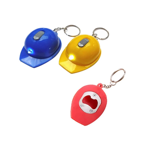 Plastic Helmet Shaped LED Light Bottle Opener Keychain - Plastic Helmet Shaped LED Light Bottle Opener Keychain - Image 1 of 1