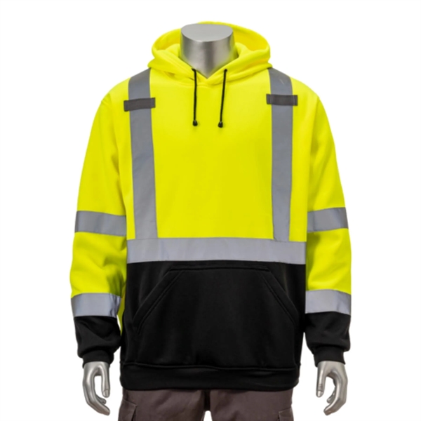 Hi Vis Class 3 Reflective Tape Safety Hoodie w/ Radio Tabs - Hi Vis Class 3 Reflective Tape Safety Hoodie w/ Radio Tabs - Image 0 of 2
