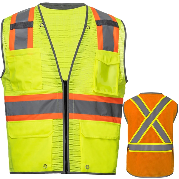 High Viz Reflective Piping-X Back Safety Mesh Zipper Vest - High Viz Reflective Piping-X Back Safety Mesh Zipper Vest - Image 0 of 7