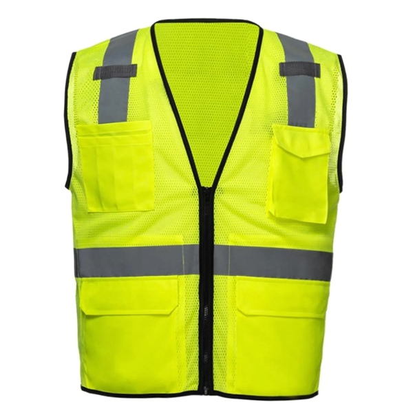 Hi Viz Class 2 Safety Zipper Vest Reflective X Back 4 Pocket - Hi Viz Class 2 Safety Zipper Vest Reflective X Back 4 Pocket - Image 1 of 6