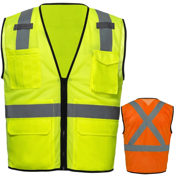 Hi Viz Class 2 Safety Zipper Vest Reflective X Back 4 Pocket - Hi Viz Class 2 Safety Zipper Vest Reflective X Back 4 Pocket - Image 0 of 6