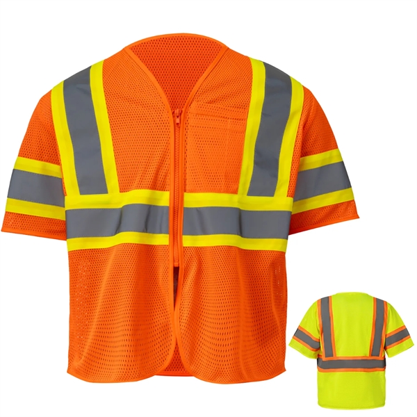 Hi Viz Class 3 Reflective Tape Mesh Safety Zip Pocket Vest - Hi Viz Class 3 Reflective Tape Mesh Safety Zip Pocket Vest - Image 0 of 7