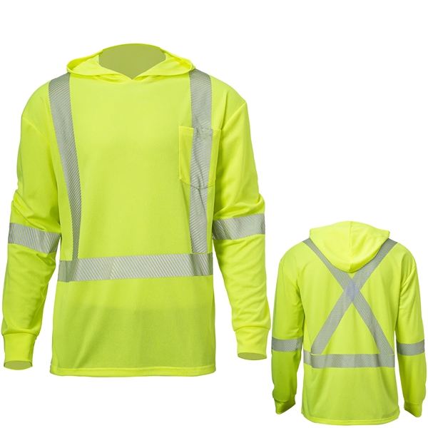 Hi Vis Class 3 Segmented Tape Safety Hooded T-Shirt Pocket - Hi Vis Class 3 Segmented Tape Safety Hooded T-Shirt Pocket - Image 0 of 4
