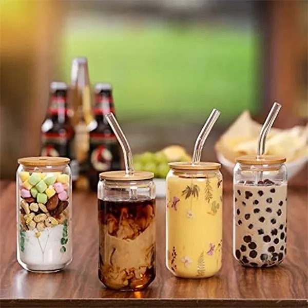 16oz Can Shaped Glass Cup with Bamboo Lid and Straw - 16oz Can Shaped Glass Cup with Bamboo Lid and Straw - Image 2 of 2