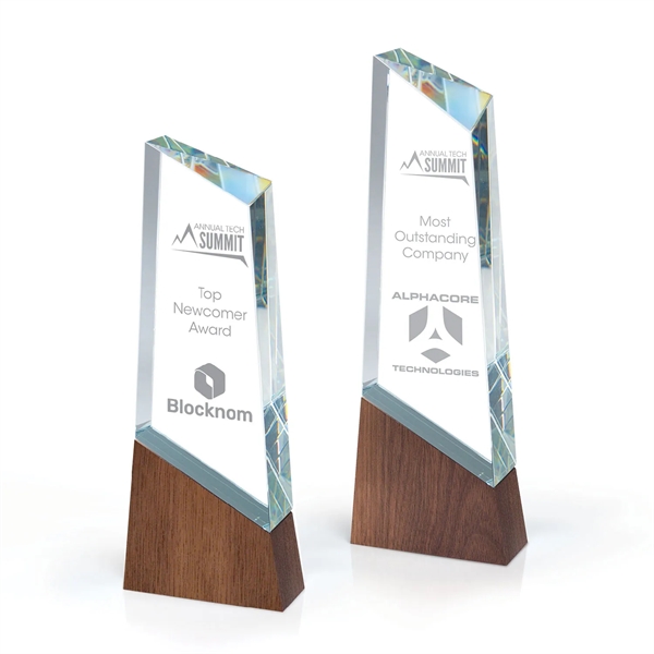 Faceted Optic Crystal Tower Award With Wood Block Base