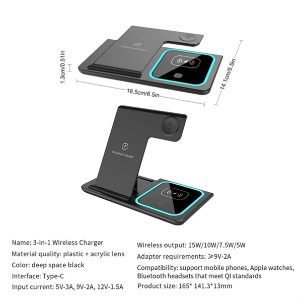 15W Wireless Charger 3 in 1 Fast Foldable Charging Station - 15W Wireless Charger 3 in 1 Fast Foldable Charging Station - Image 1 of 6