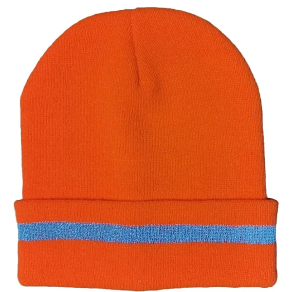 HiVis Acrylic Reflective Stripe Knitted Cuffed Safety Beanie - HiVis Acrylic Reflective Stripe Knitted Cuffed Safety Beanie - Image 0 of 5