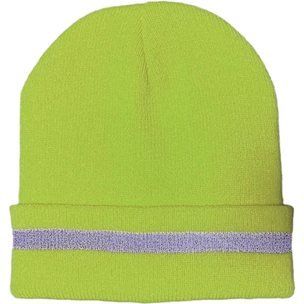 HiVis Acrylic Reflective Stripe Knitted Cuffed Safety Beanie - HiVis Acrylic Reflective Stripe Knitted Cuffed Safety Beanie - Image 1 of 5