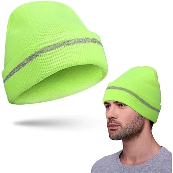 HiVis Acrylic Reflective Stripe Knitted Cuffed Safety Beanie - HiVis Acrylic Reflective Stripe Knitted Cuffed Safety Beanie - Image 2 of 5