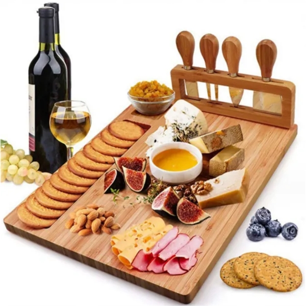 Large Bamboo Cheese Board and Knife Set-14x11" - Large Bamboo Cheese Board and Knife Set-14x11" - Image 0 of 1