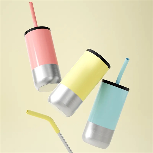 16 Oz. Stainless Steel Travel Mugs W/ Silicone Straw - 16 Oz. Stainless Steel Travel Mugs W/ Silicone Straw - Image 1 of 7